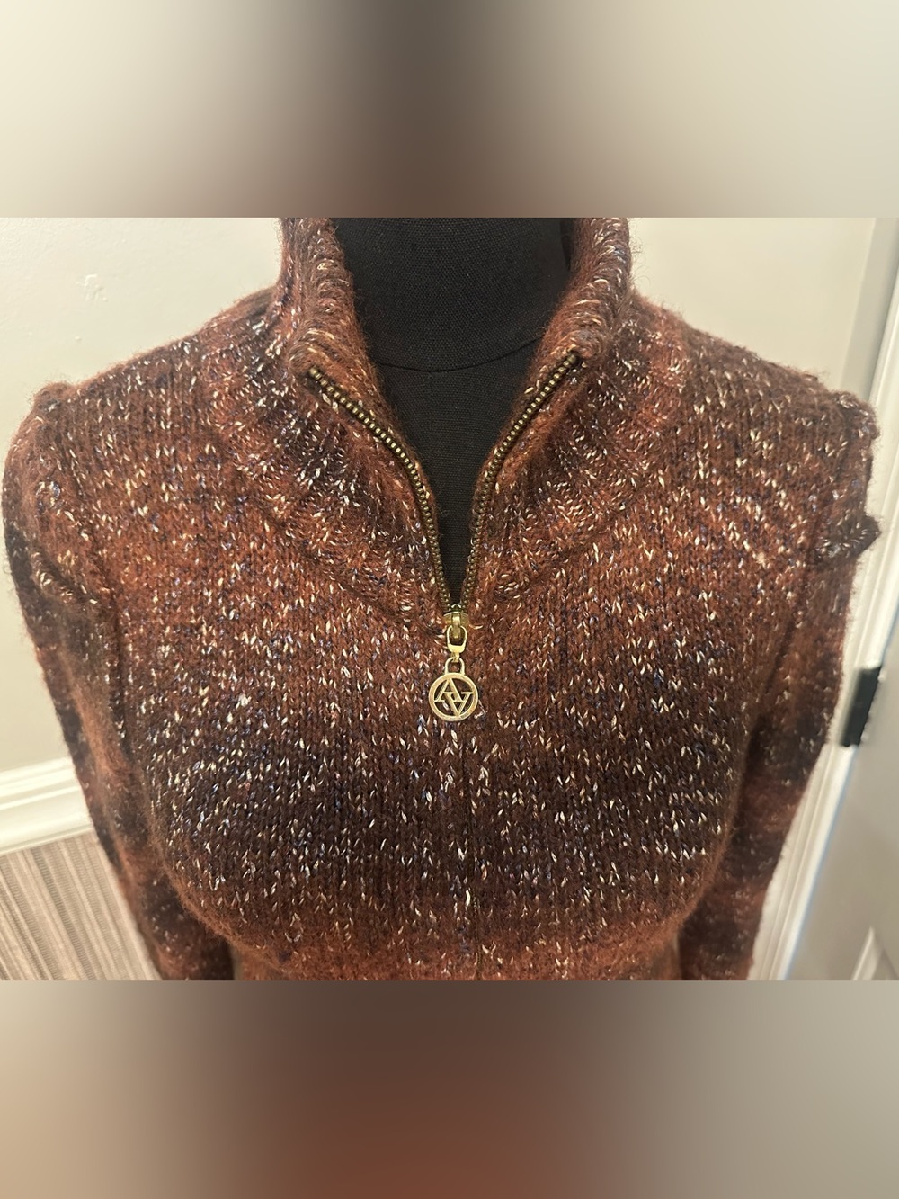 Adrienne Vittadini Studio M Brown Metallic Wool Blend Zip Cardigan Sweater - Picture 8 of 12